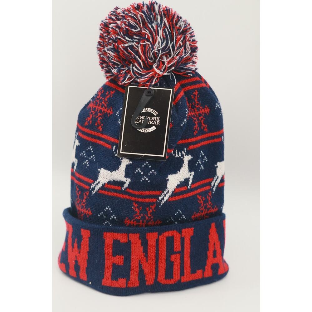 New York Headwear New England Beanie Hat Reindeer Pom Pom Cuff Knit Cap Navy Red